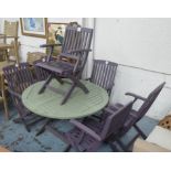 GARDEN SET, including table, circular with a green painted top on mauve base with six mauve