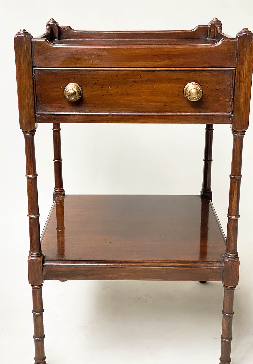 LAMP TABLES, a pair, George III design mahogany, each galleried with frieze drawer and under tier, - Image 2 of 8