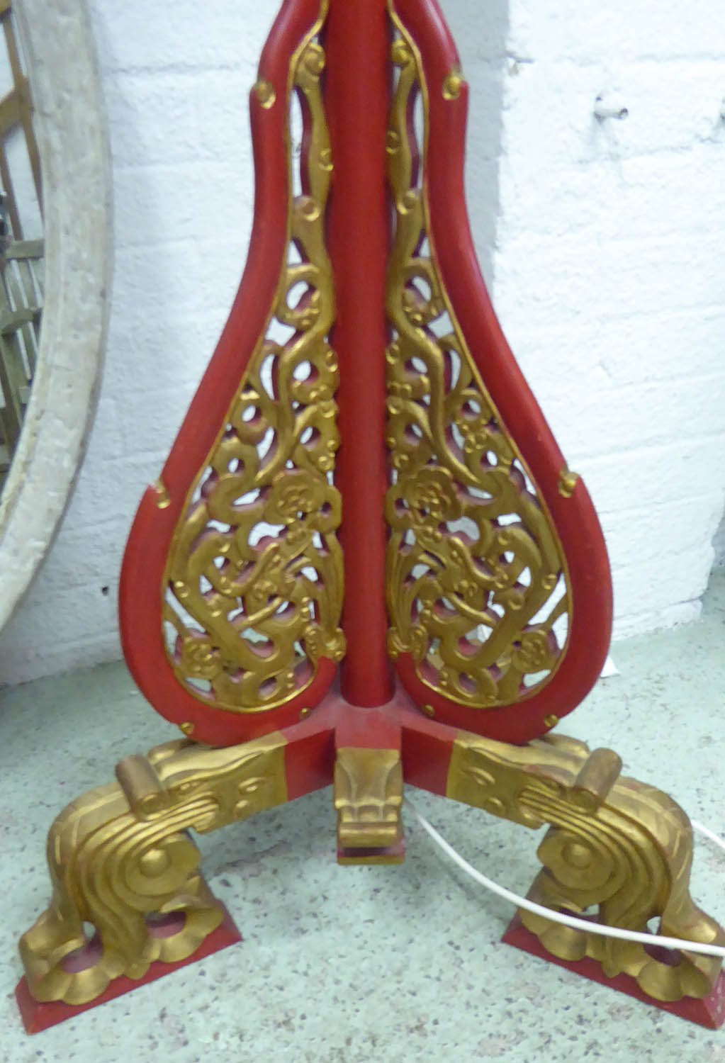STANDING LAMP, Chinese red and gilt decorated with ovoid silk shade, 215cm H x 63cm W x 200cm D. - Image 2 of 4
