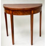 TEA TABLE, George III flame mahogany with demi lune foldover top and satinwood paterae headed