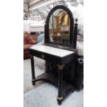 DRESSING TABLE, French late 19th century ebonised with an arched mirror and white marble top, 75cm x