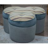 STOOL, three leaf clover form in blue upholstery with buttoned striped top, 55cm H x 103cm W.