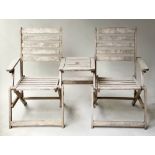 FOLDING TWIN SEAT BENCH, weathered hard wood, two armchairs with conjoined table centre, folds flat,