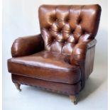 ARMCHAIR, Howard style buttoned hand finished brass studded tobacco brown leather with square