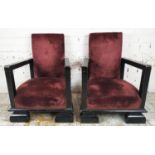 ART DECO ARMCHAIRS, a pair, French circa 1940 with ebonised frames and crushed velvet upholstery,
