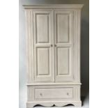 ARMOIRE, French style, traditionally grey painted with two panelled doors enclosing hanging above