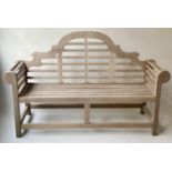 LUTYENS STYLE GARDEN BENCH, silvery weathered teak and slatted after design by Sir Edwin Lutyens,