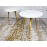 LAMP TABLES, a pair, 1970's Italian design, circular marble tops on tripod gilt metal legs, 47cm H x