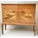 DANISH CABINET, 1960's Danish walnut with two pictorial marquetry panelled doors depicting logging
