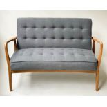 SOFA, Danish style elm framed and grey button linen upholstered cushions by Hudson, 120cm W.