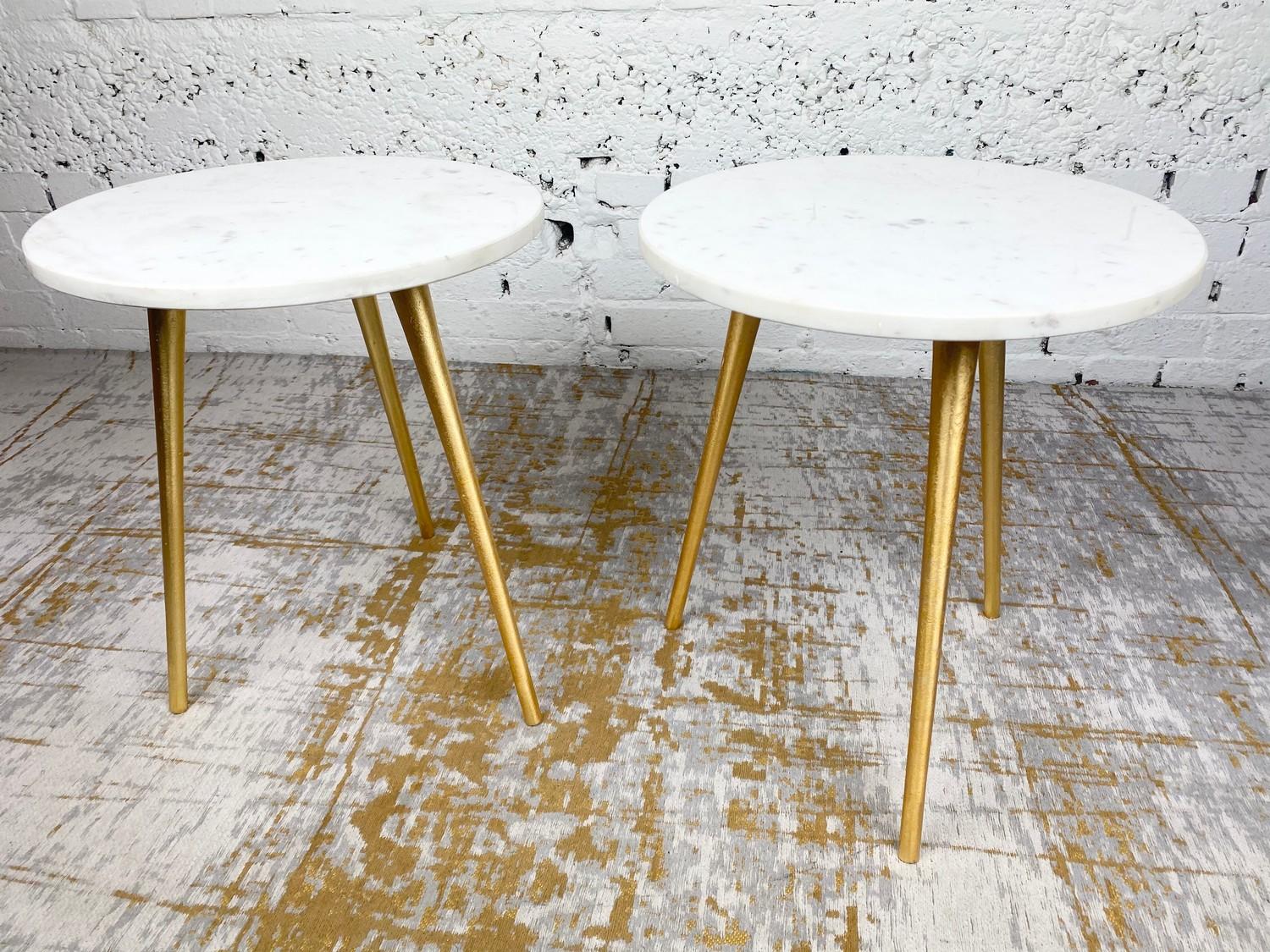 LAMP TABLES, a pair, 1970's Italian design, circular marble tops on tripod gilt metal legs, 47cm H x - Image 2 of 4