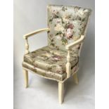 ARMCHAIR, 1950's yellow painted with silk floral upholstery, 57cm W.