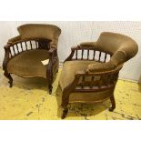 TUB CHAIRS, a pair, 19th century walnut framed, each with velvet upholstery, 63cm W x 71cm H. (2)