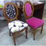 SIDE CHAIRS, a set of two, 19th century oak, one in a designers guild velvet, another in a Mari