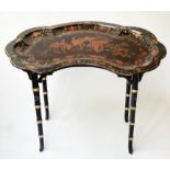 TRAY TABLE, Victorian serpentine papier maché black lacquered and gilt and red Chinoiserie decorated