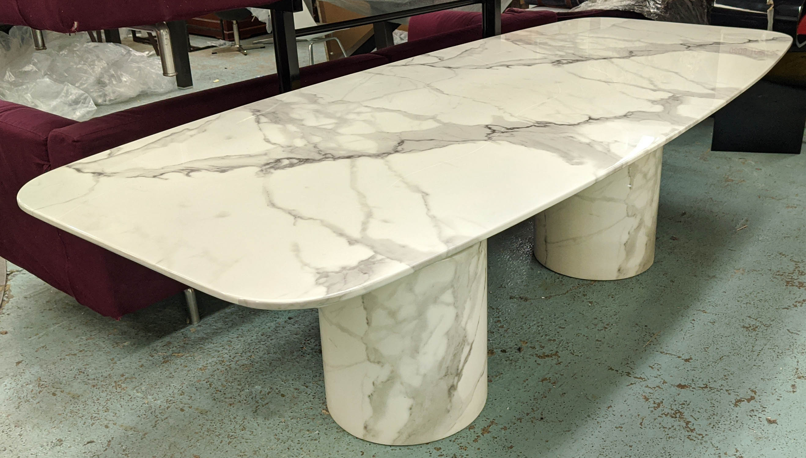 DINING TABLE, white marble, 261cm L x 111cm D x 78cm H, a base with two pillars and polished metal