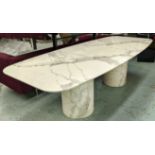 DINING TABLE, white marble, 261cm L x 111cm D x 78cm H, a base with two pillars and polished metal