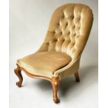 VICTORIAN SLIPPER CHAIR, Victorian walnut withy yellow velvet upholstery, buttoned back and shaped