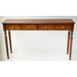 CONSOLE/HALL TABLE, George III design burr walnut with four frieze drawers and reeded turned