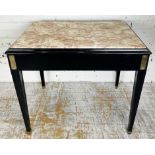 CENTRE TABLE, 1940's French, ebonised with onyx top over two end drawers, and brass mounted