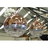 CEILING PENDANT LIGHTS, a pair, ovoid form, coppered detail, 141cm Drop approx. (2)