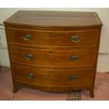 BOWFRONT CHEST, late George III mahogany and satinwood banded of three drawers, 85cm H x 93cm W x