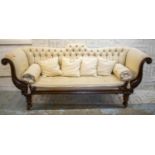 SETTEE, George IV mahogany, circa 1830, with cream foliate woven upholstery and carved showframe