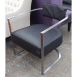 ARMCHAIR, black leather with metal frame, 65cm W x 77cm H.