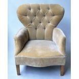 SLIPPER CHAIR, early 20th century Edwardian soft yellow velvet buttoned upholstery and square
