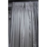CURTAINS, three pairs, silvery satin with a woven border, lined and interlined, each curtain