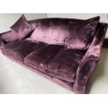 SOFA, country house style satin violet velvet with arched back and out swept arms, 245cm W.