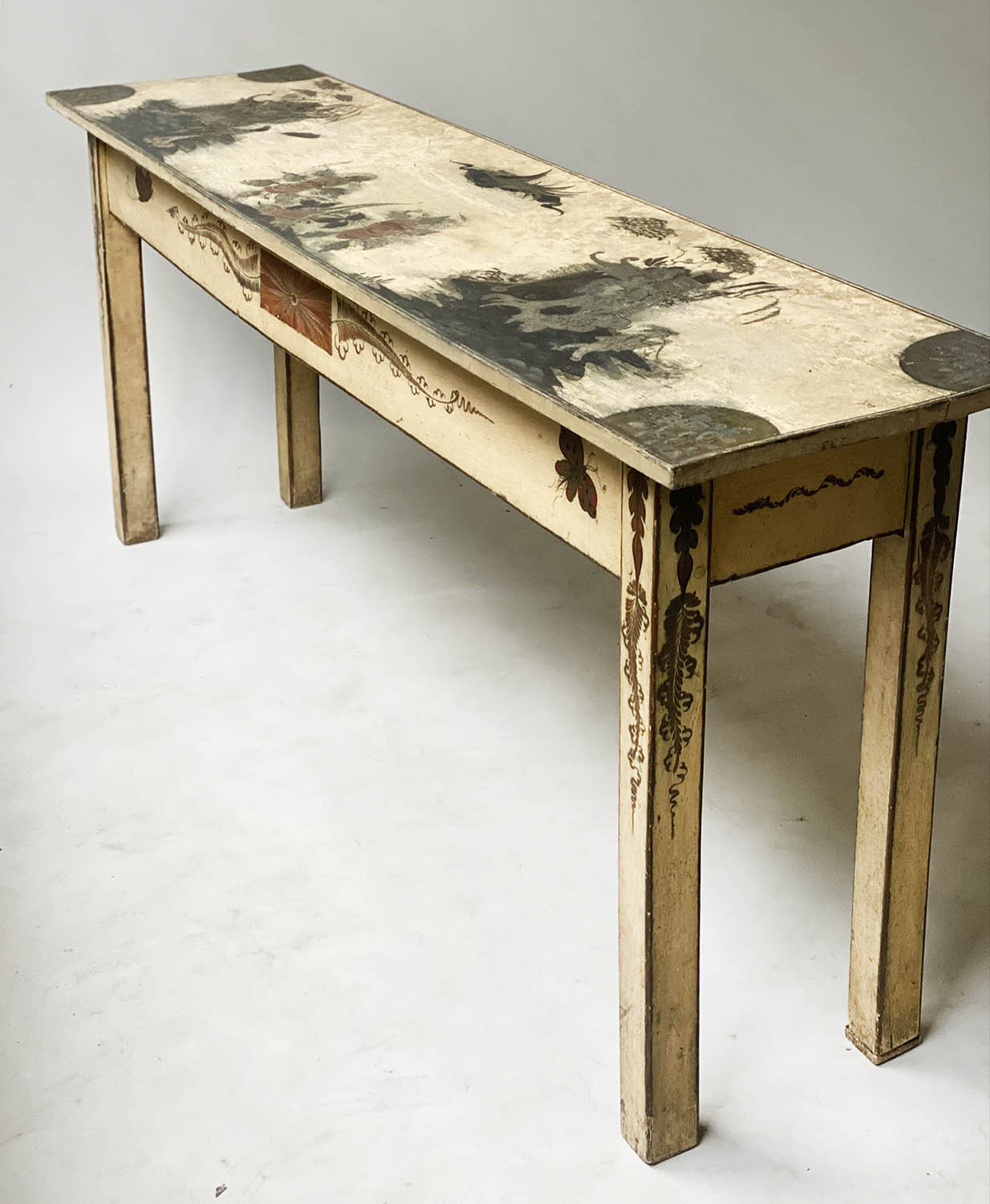 CONSOLE TABLE, rectangular 19th century style distressed cream crackelure with hand painted - Image 2 of 8