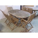 GARDEN SET, including oval table, teak with a distressed painted base, 165cm L x 90cm and six