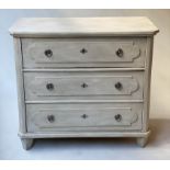 COMMODE, 19th century Gustavian style grey painted and silvered metal mounted with three long