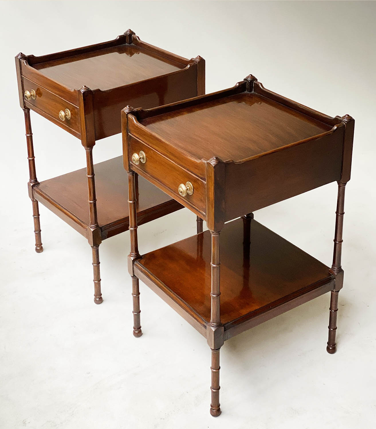 LAMP TABLES, a pair, George III design mahogany, each galleried with frieze drawer and under tier, - Image 8 of 8