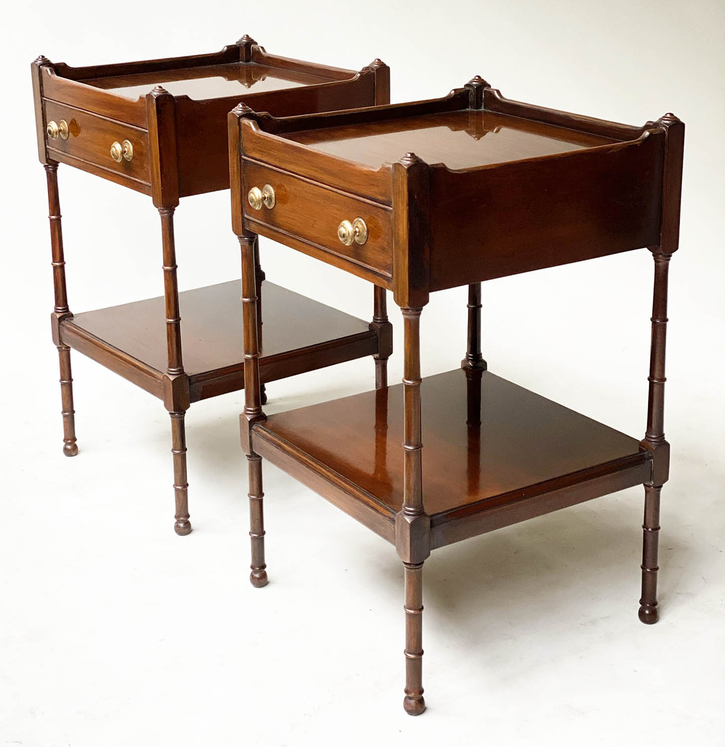 LAMP TABLES, a pair, George III design mahogany, each galleried with frieze drawer and under tier, - Image 7 of 8