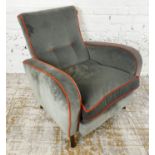 CLUB ARMCHAIR, Art Deco style grey Designers Guilt velvet with contrasting piping, 85cm H x 75cm.
