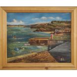 A J HAYWORTH (mid 20th century) 'St Ives, Cornwall, with Lifeboat and Old Wharf', oil on board, 43cm