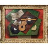 CAROL MADISON 'Still Life with Guitar and Melon', oil on board, signed, 34cm x 44cm, framed.