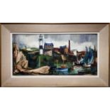 PAUL GIROL (1911-1989) 'Harbour View with Lighthouse', oil on canvas, 39cm x 79cm, signed and