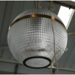 HOLOPHAN STYLE PENDANT LIGHTS, a collection of three of various descriptions, 40cm drop. (3)