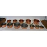 BATTERIE DE CUISINE, a set of five graduated copper pans, each with a brass handle, the largest 21cm