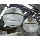 HOLOPHANE STYLE PENDANT LIGHTS, a pair, with brass band detail, 50cm drop. (2)