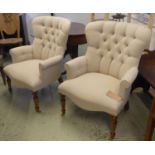 ARMCHAIRS, a pair, Victorian style, neutral button back upholstered, 98cm H.