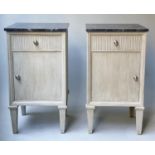 BEDSIDE CABINETS, a pair, early Scandinavian, grey painted each with marble top, fluted frieze