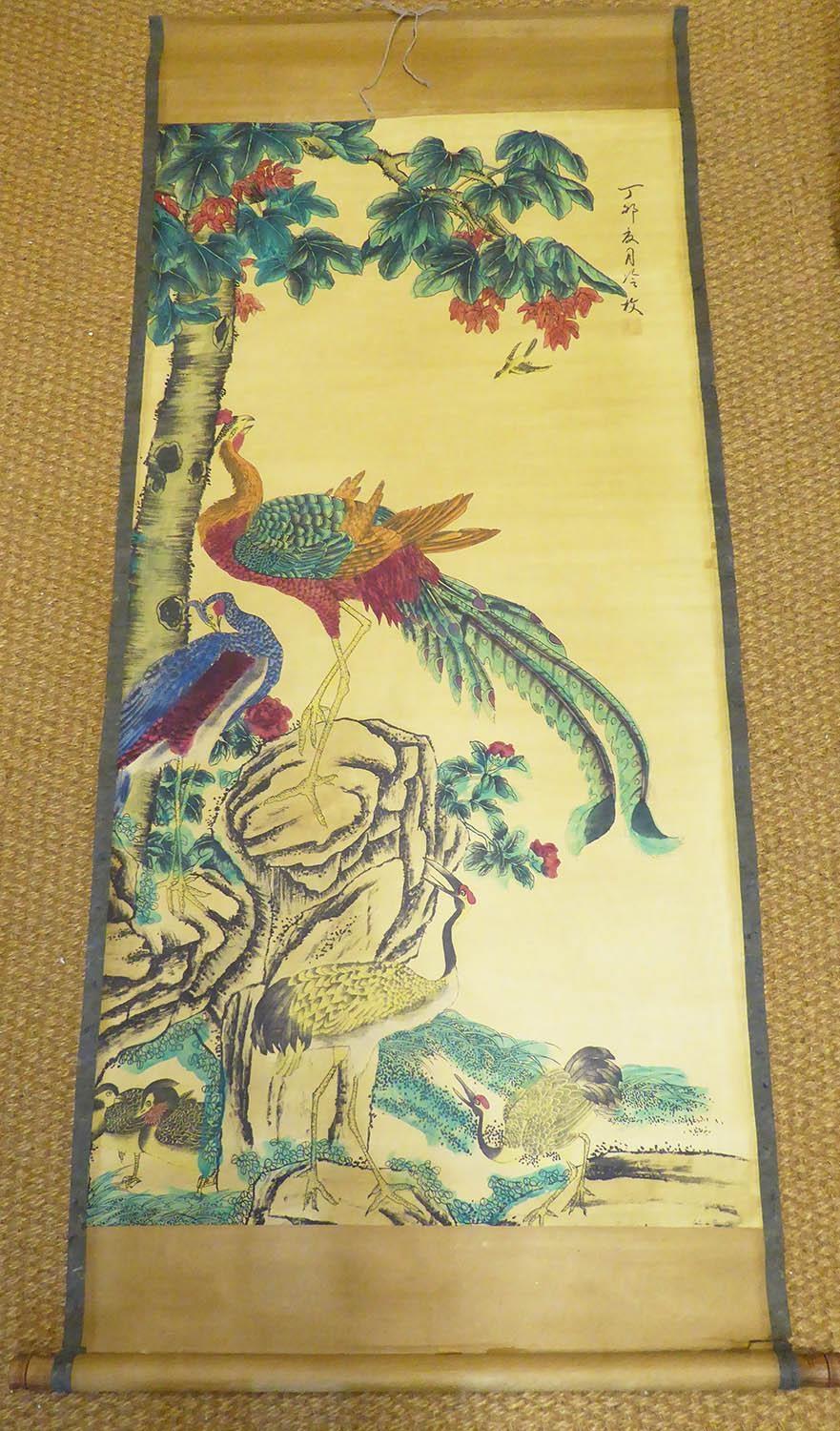 CHINESE SCHOOL 'Birds in a Tree', watercolour on paper glued on paper scroll, 170cm x 60cm.