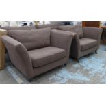 ARMCHAIRS, a pair, contemporary design, brown fabric upholstered, castors on front feet, 130cm W. (