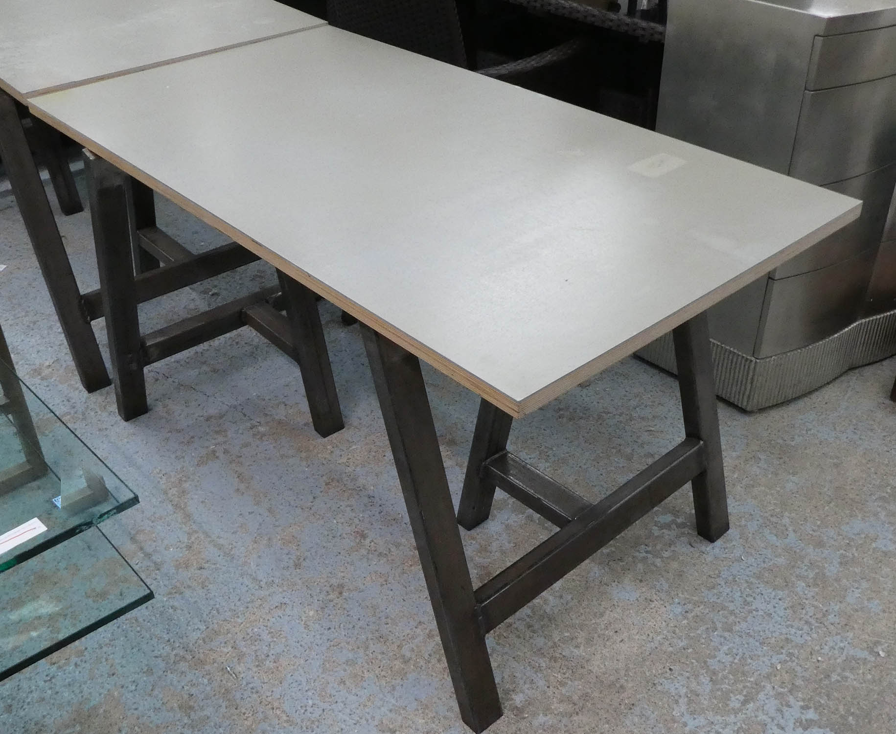 TRESSEL TABLE, contemporary bespoke steel tressels, with plywood top, 137.5cm x 73cm x 75cm.