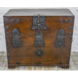 CHEST, 19th century Korean elm, firwood and iron bound with fall front, hinges lack pins, 82cm H x
