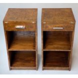 ART DECO BEDSIDE TABLES, a pair, burr walnut each with fold out top and frieze drawer, 36cm W x 44cm